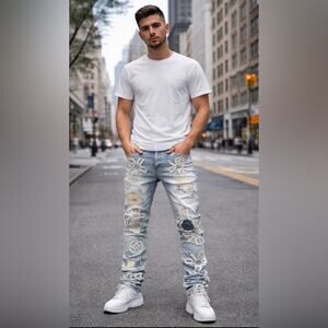 GUAPI Gothic Logo Distressed Stacked Jeans Men’s 30 Light Wash Streetwear